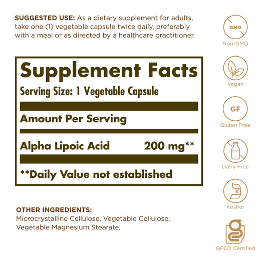 Solgar Alpha Lipoic Acid capsules close-up shows vegan, non-GMO formula.