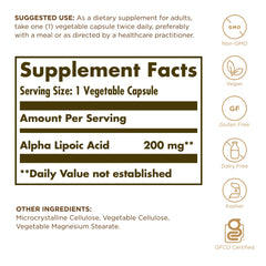 Solgar Alpha Lipoic Acid capsules close-up shows vegan, non-GMO formula.