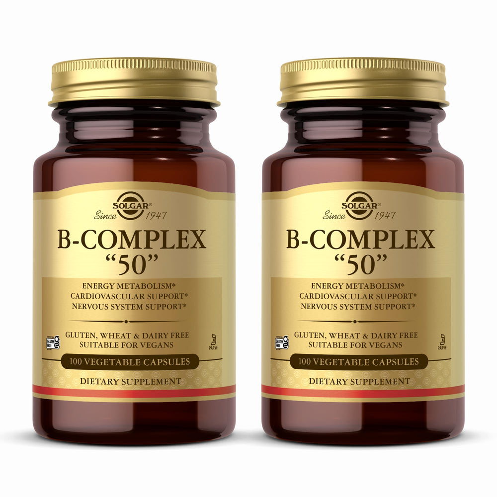 Solgar B-Complex 50 bottle front showing vegan, non-GMO energy support.