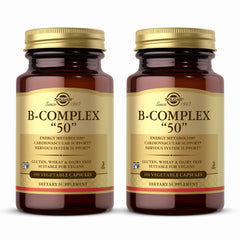 Solgar B-Complex 50 bottle front showing vegan, non-GMO energy support.