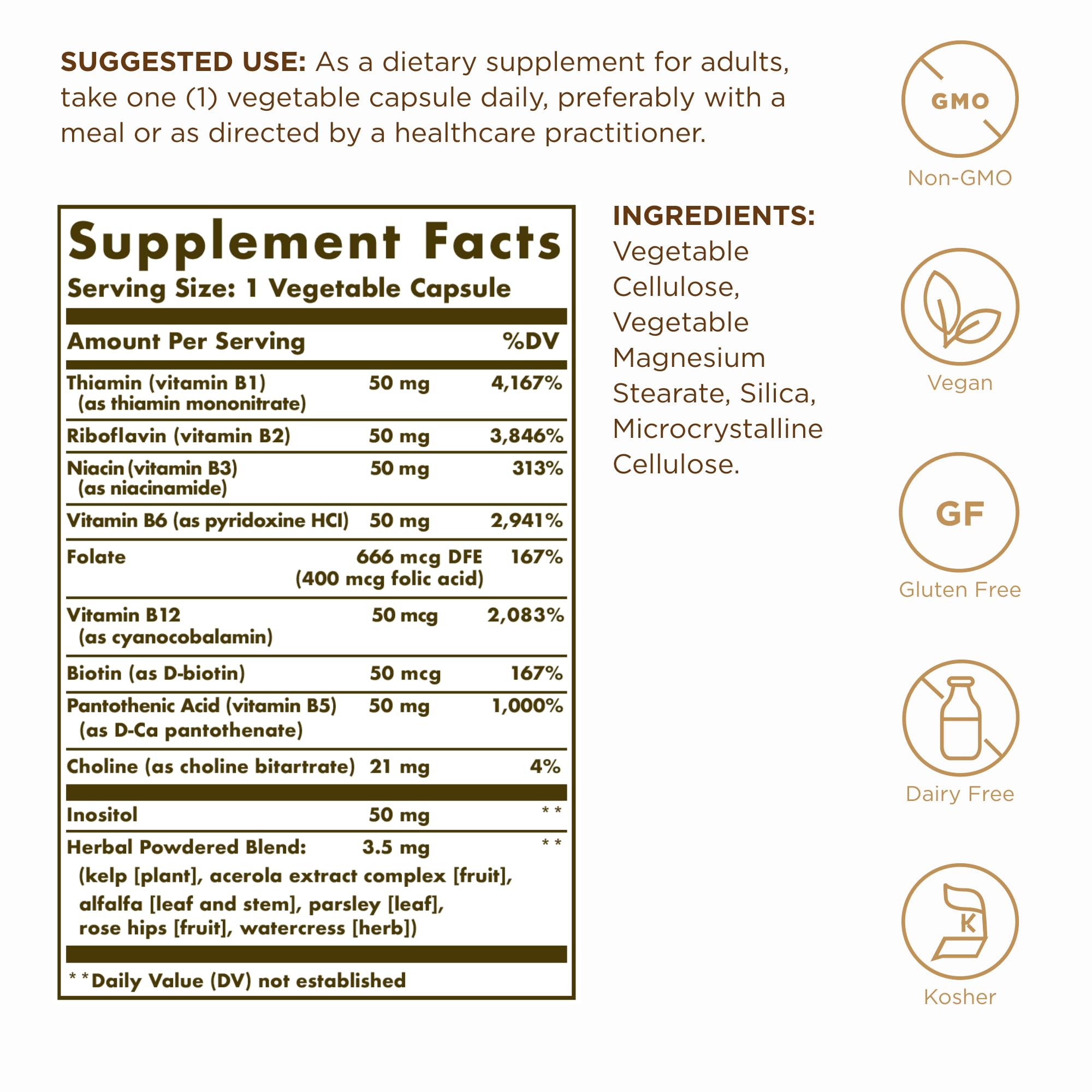 Solgar B-Complex 50 bottle label displays gluten-free and kosher seals.