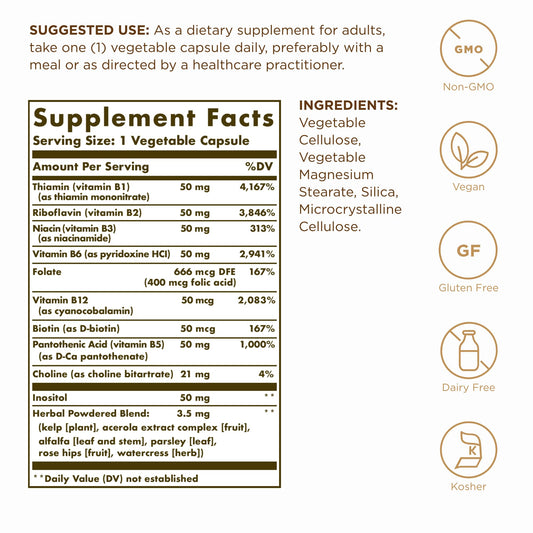 Solgar B-Complex 50 bottle label displays gluten-free and kosher seals.