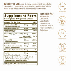Solgar B-Complex 50 bottle label displays gluten-free and kosher seals.