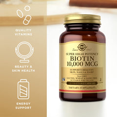 Label detail highlighting non-GMO and vegan features on Solgar Biotin.
