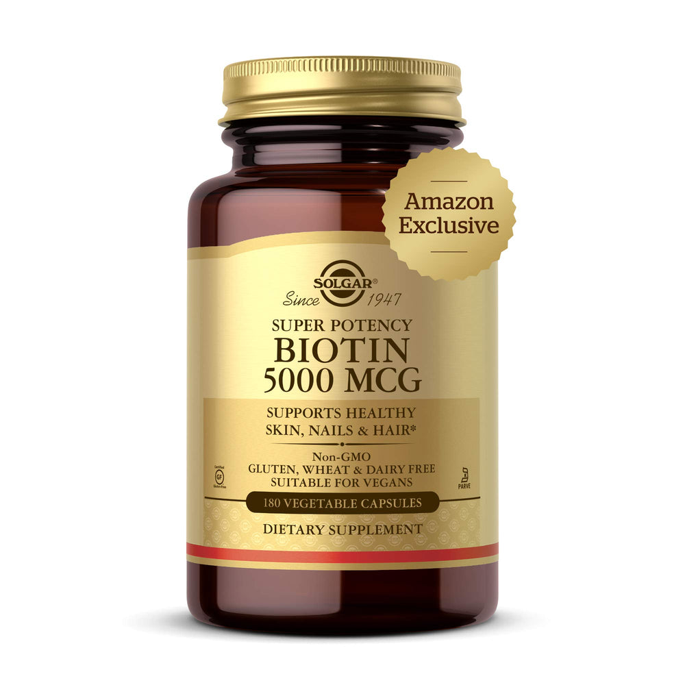 Solgar Biotin 5000 mcg bottle pour demonstrates easy daily use for hair, skin, and nail support.