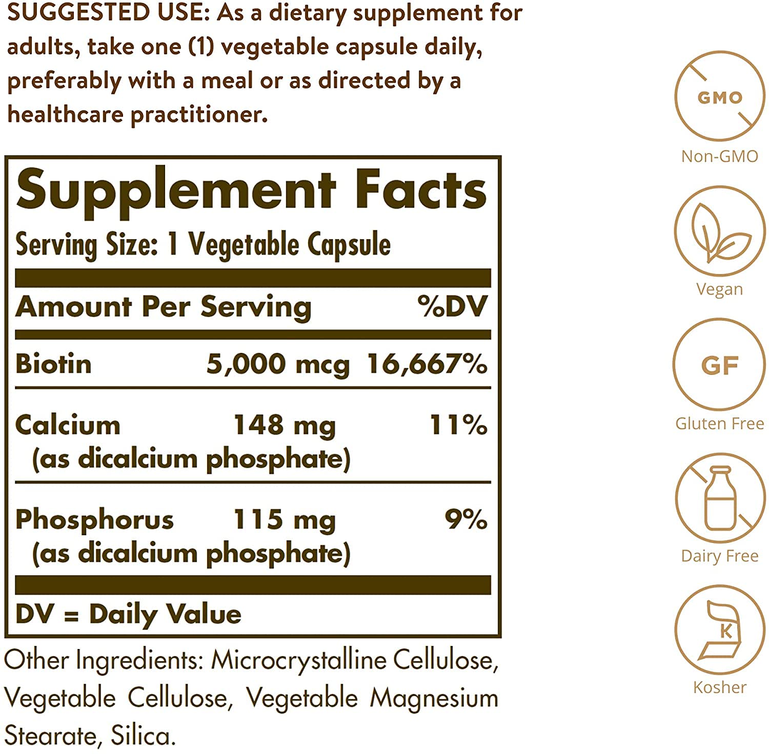 Solgar Biotin 5000 mcg capsules closeup highlights high potency for daily energy metabolism.