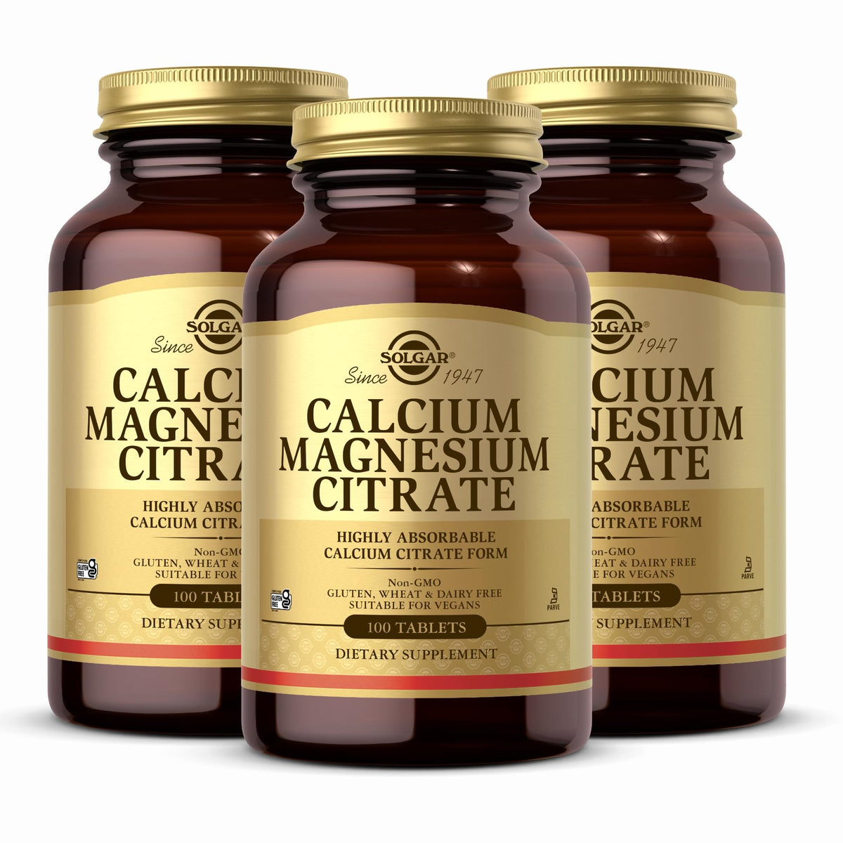 Solgar Calcium Magnesium Citrate bottle close-up showing vegan, non-GMO minerals for bone support.