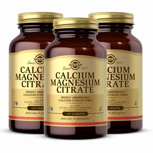 Solgar Calcium Magnesium Citrate bottle close-up showing vegan, non-GMO minerals for bone support.