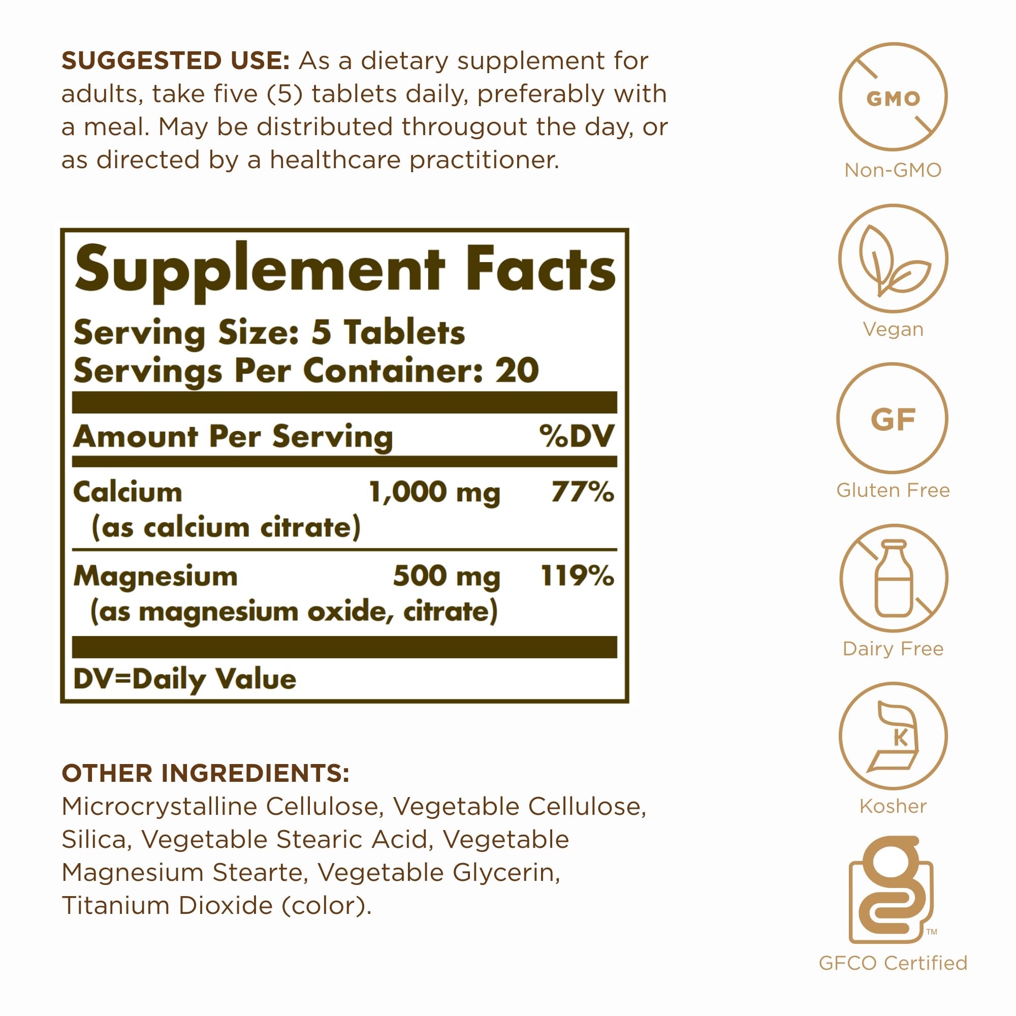 Solgar Calcium Magnesium Citrate tablets close-up highlighting absorbable calcium for daily use.