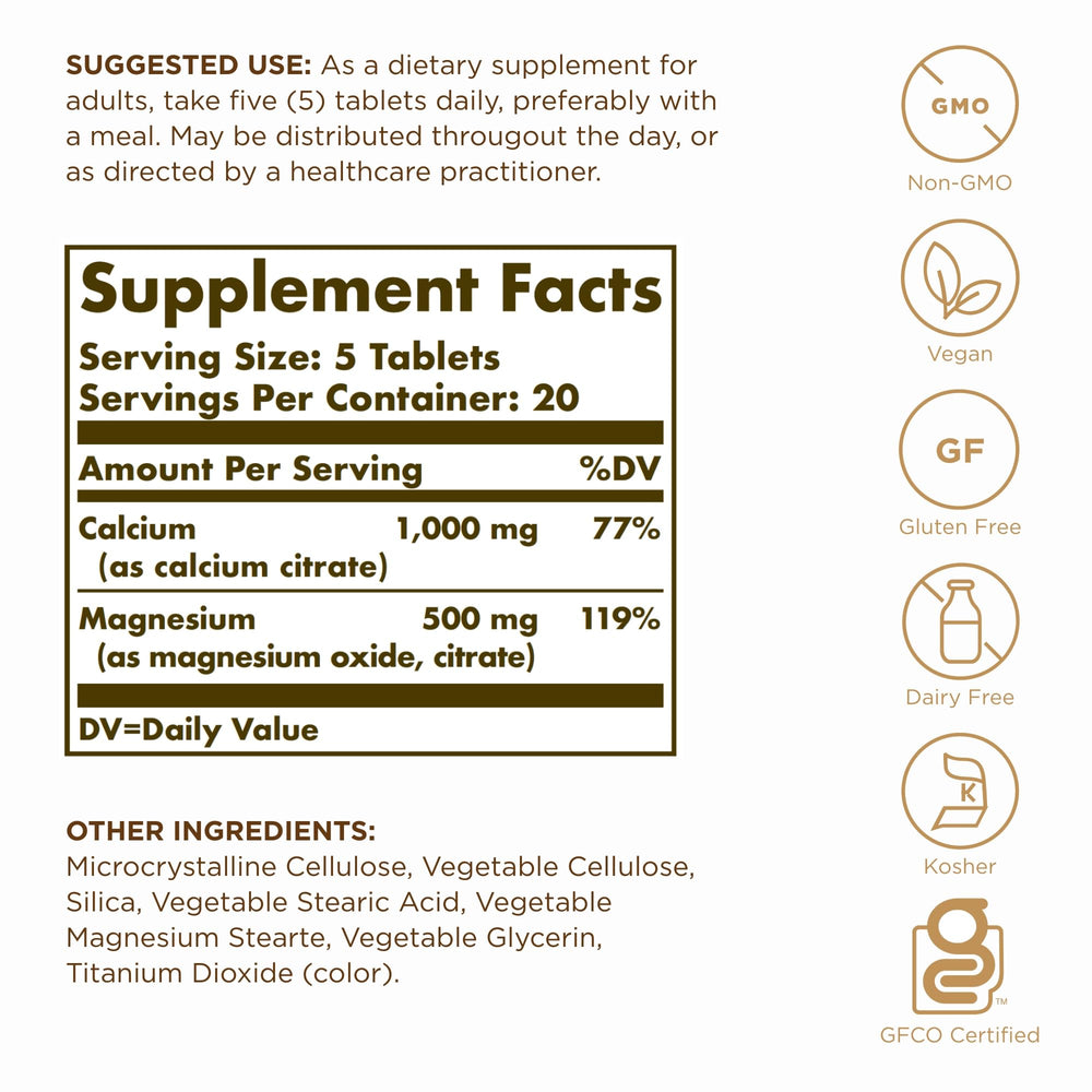 Solgar Calcium Magnesium Citrate tablets close-up highlighting absorbable calcium for daily use.