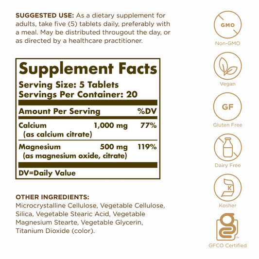 Solgar Calcium Magnesium Citrate tablets close-up highlighting absorbable calcium for daily use.