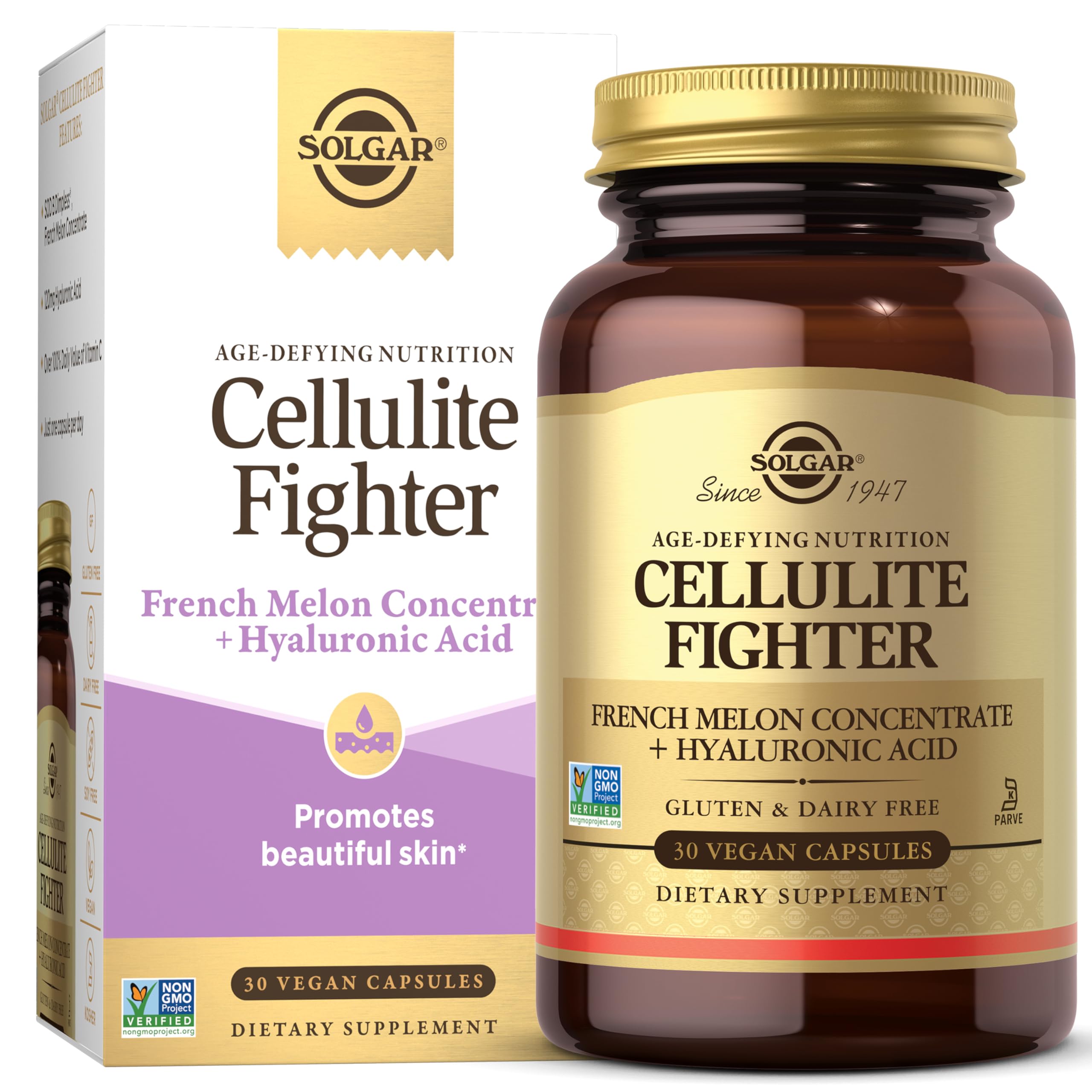 Solgar Cellulite Fighter bottle front shows daily skin support formula.