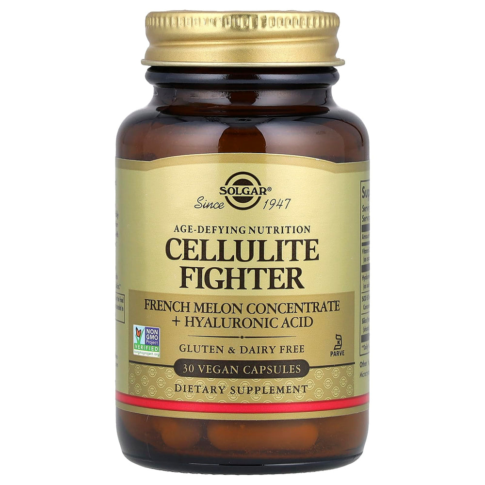 Solgar Cellulite Fighter capsules close-up suggests easy daily intake.