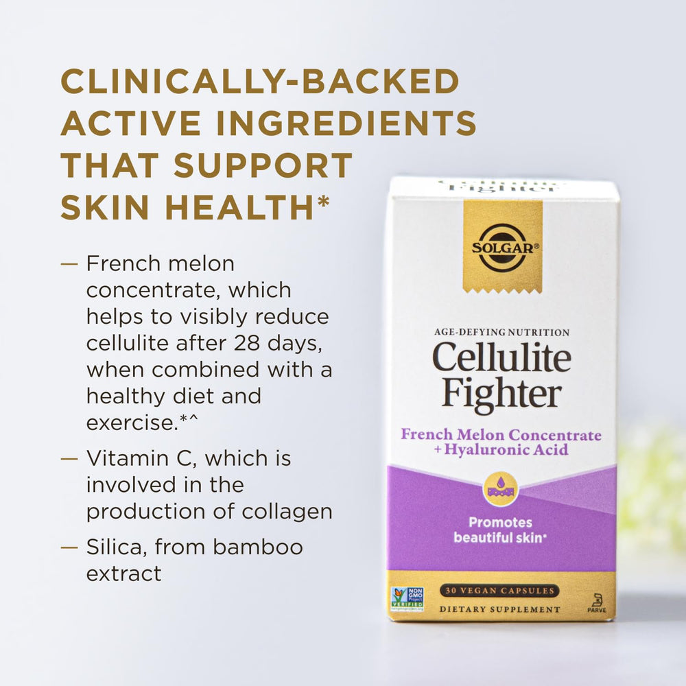 Solgar Cellulite Fighter packaging emphasizes Vitamin C content.