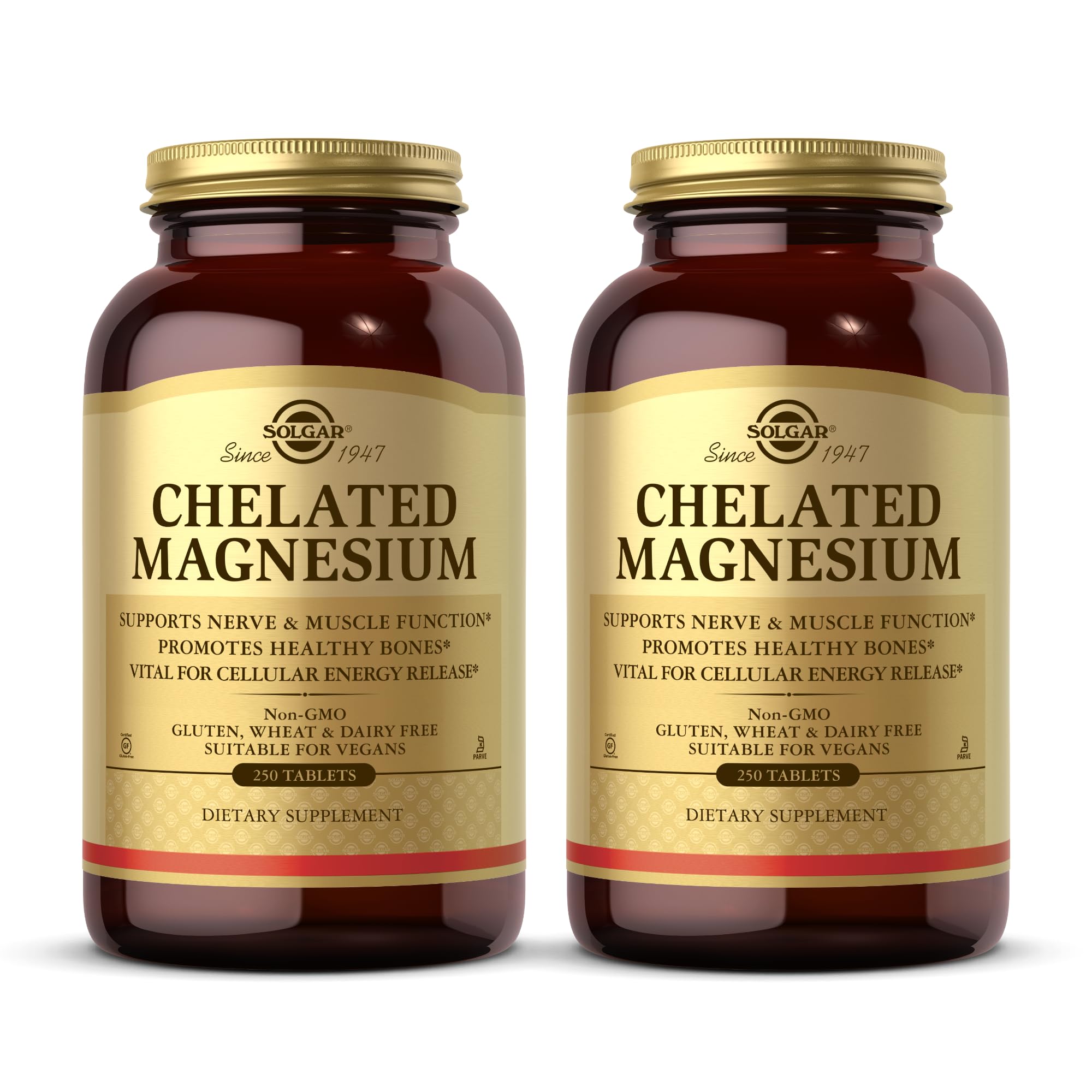 Solgar Chelated Magnesium bottle front view; two-bottle pack for ongoing mineral support