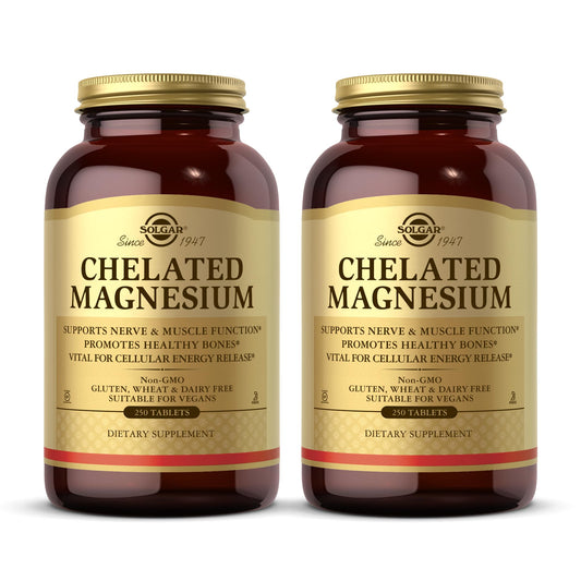 Solgar Chelated Magnesium bottle front view; two-bottle pack for ongoing mineral support