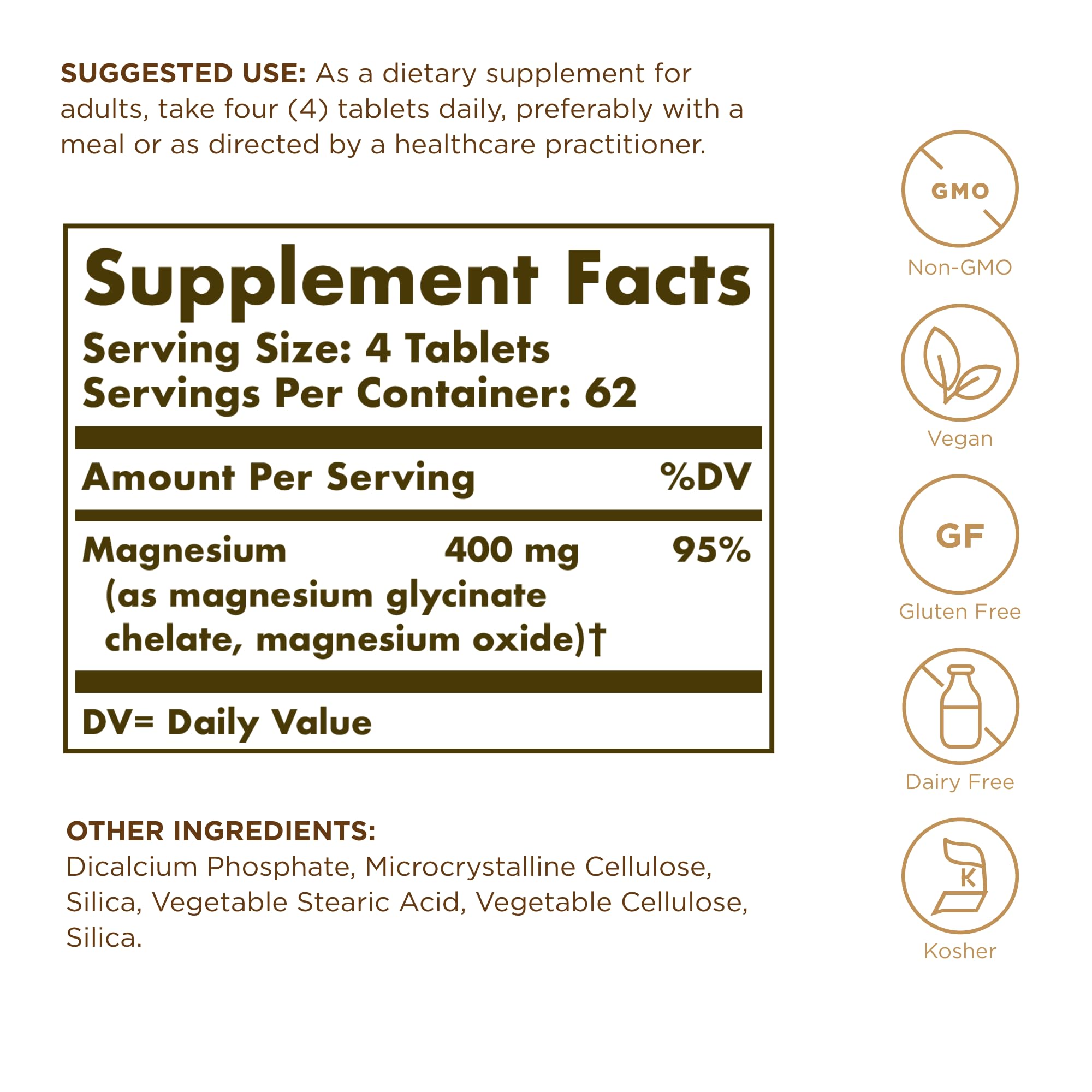 Solgar Chelated Magnesium tablets close-up; small, easy-to-swallow chelated tablets