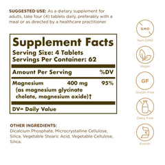 Solgar Chelated Magnesium tablets close-up; small, easy-to-swallow chelated tablets