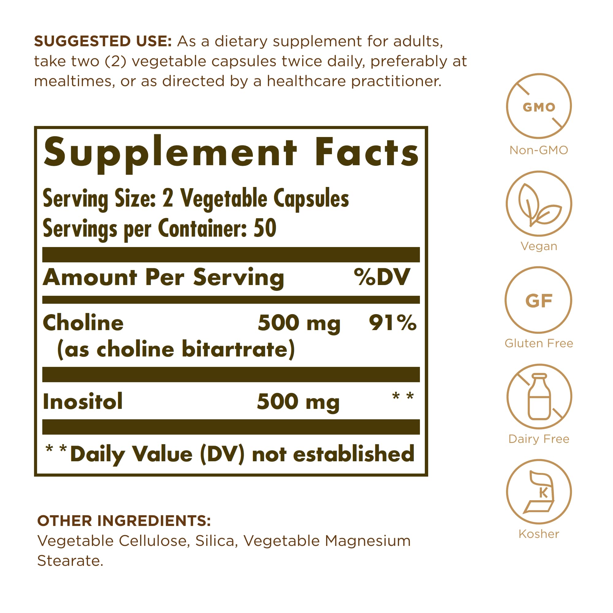 Solgar Choline/Inositol capsules close-up supporting metabolism.