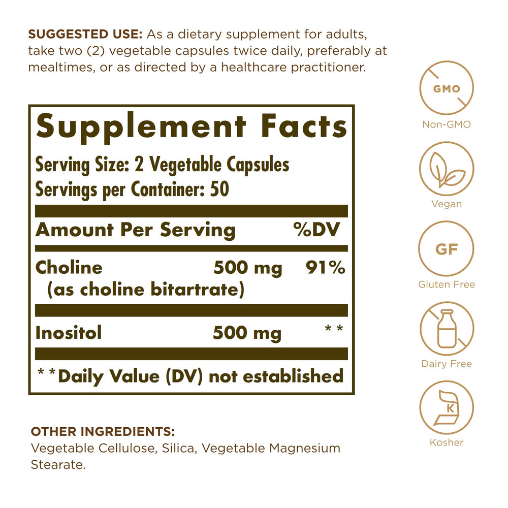 Solgar Choline/Inositol capsules close-up supporting metabolism.