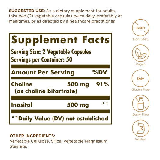Solgar Choline/Inositol capsules close-up supporting metabolism.
