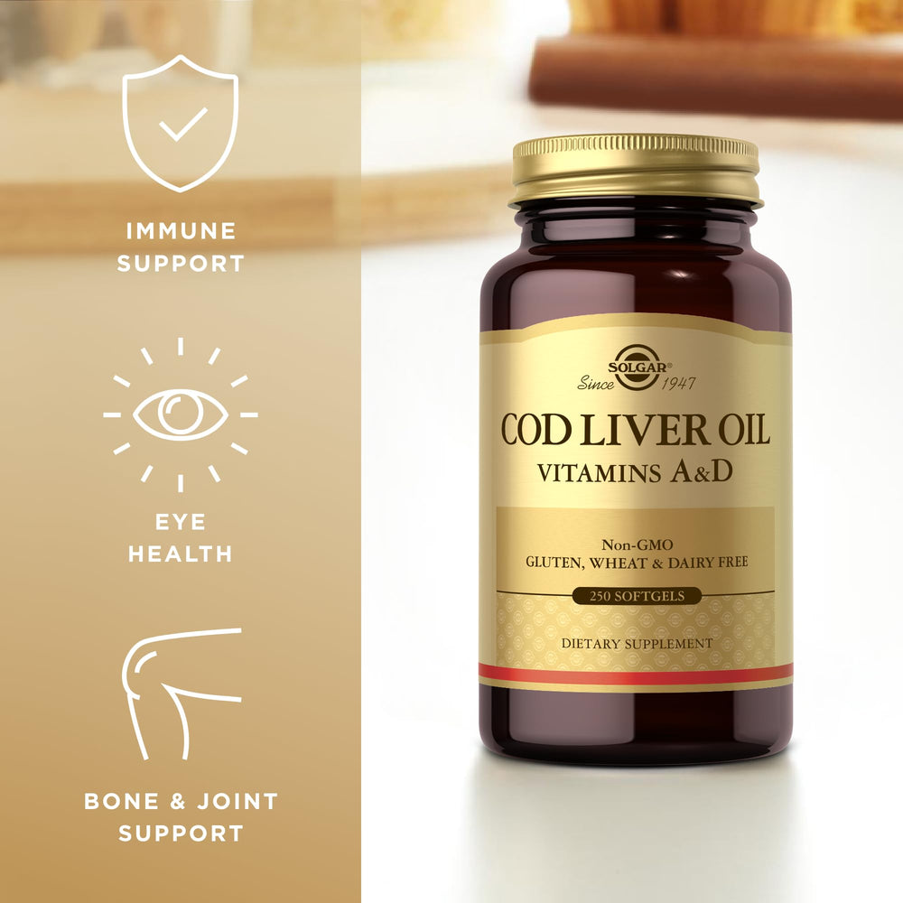 Solgar Cod Liver Oil bottle pour depicts easy dosing for daily routine