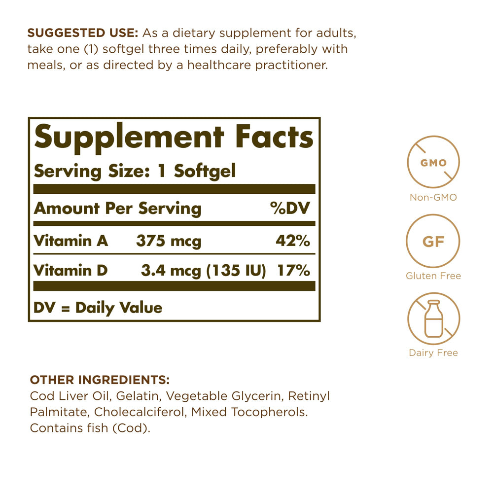 Solgar Cod Liver Oil softgels closeup for easy daily dosing