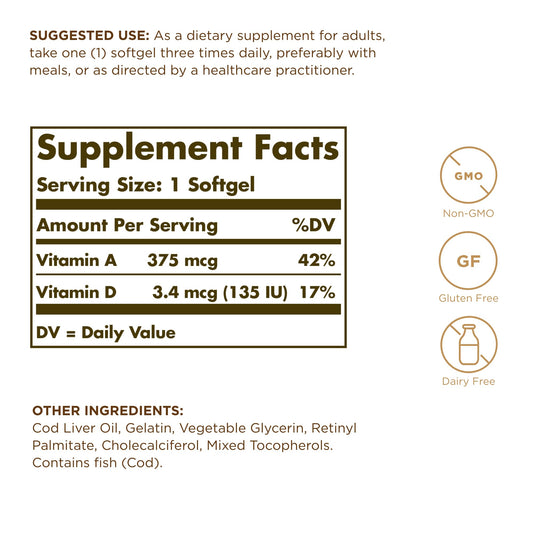 Solgar Cod Liver Oil softgels closeup for easy daily dosing
