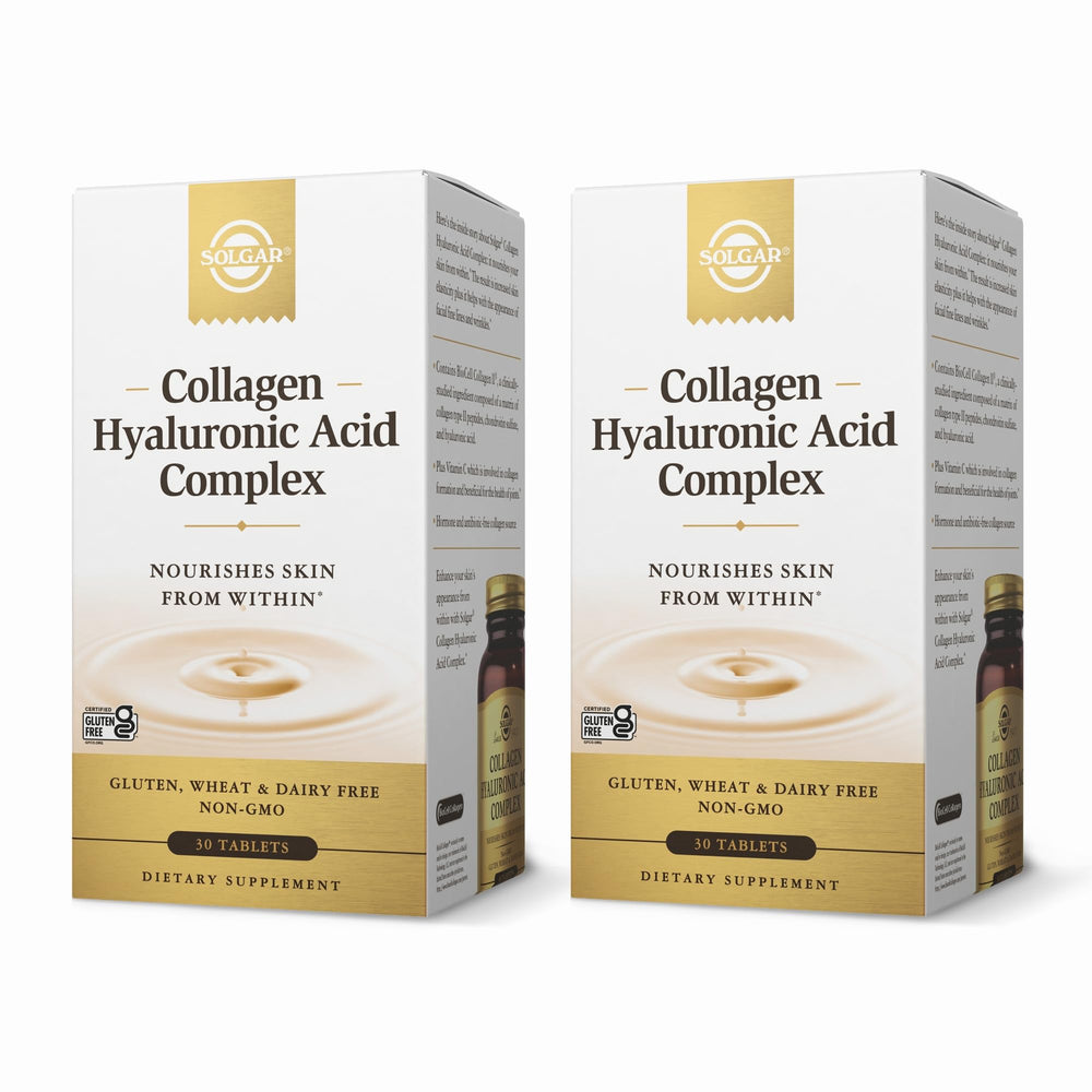 Solgar Collagen Hyaluronic Acid Complex bottle promoting skin hydration and joint support