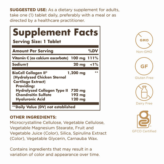 Solgar Collagen Hyaluronic Acid Complex tablets closeup showing skin elasticity potential