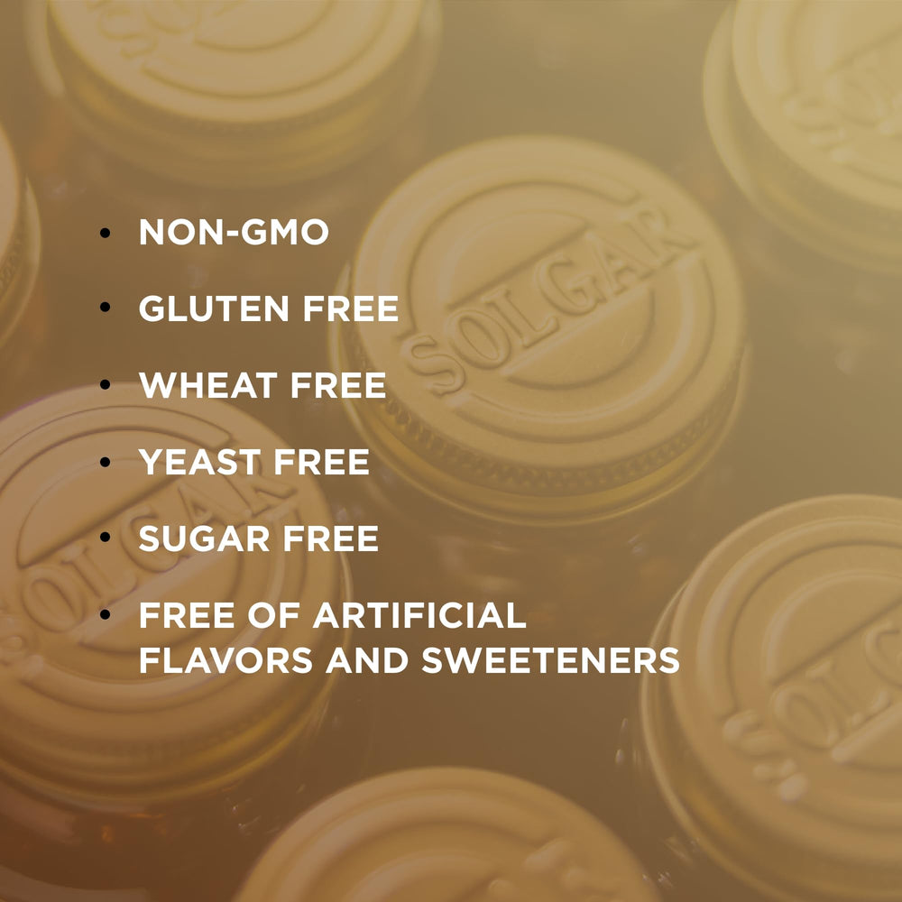 Solgar tablets in hand illustrating convenient 60 servings per pack