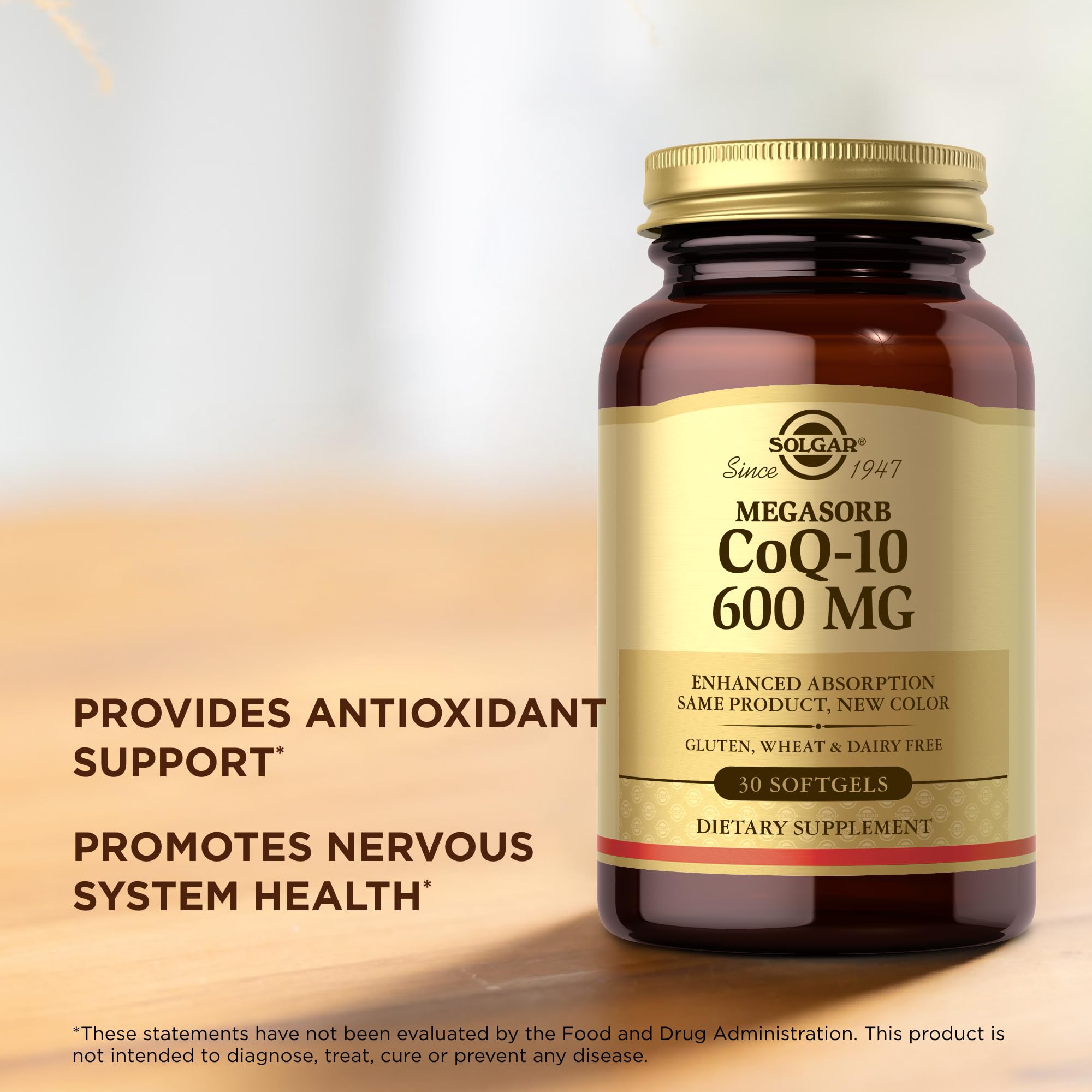 Solgar CoQ-10 antioxidant supplement in glass bottle suggesting daily oxidative support