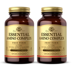 Solgar Essential Amino Complex bottle front view highlighting free-form amino acids for absorbable protein support