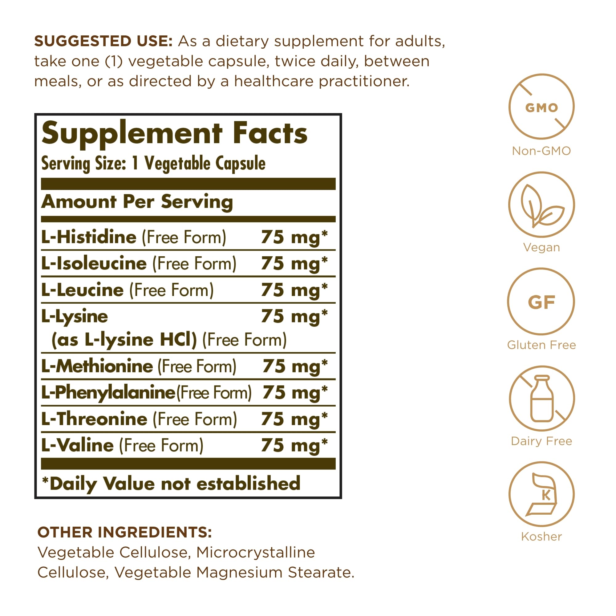 Solgar Essential Amino Complex bottle label showing non-GMO vegan certification and dietary highlights