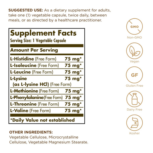 Solgar Essential Amino Complex bottle label showing non-GMO vegan certification and dietary highlights