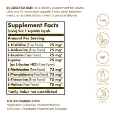 Solgar Essential Amino Complex bottle label showing non-GMO vegan certification and dietary highlights