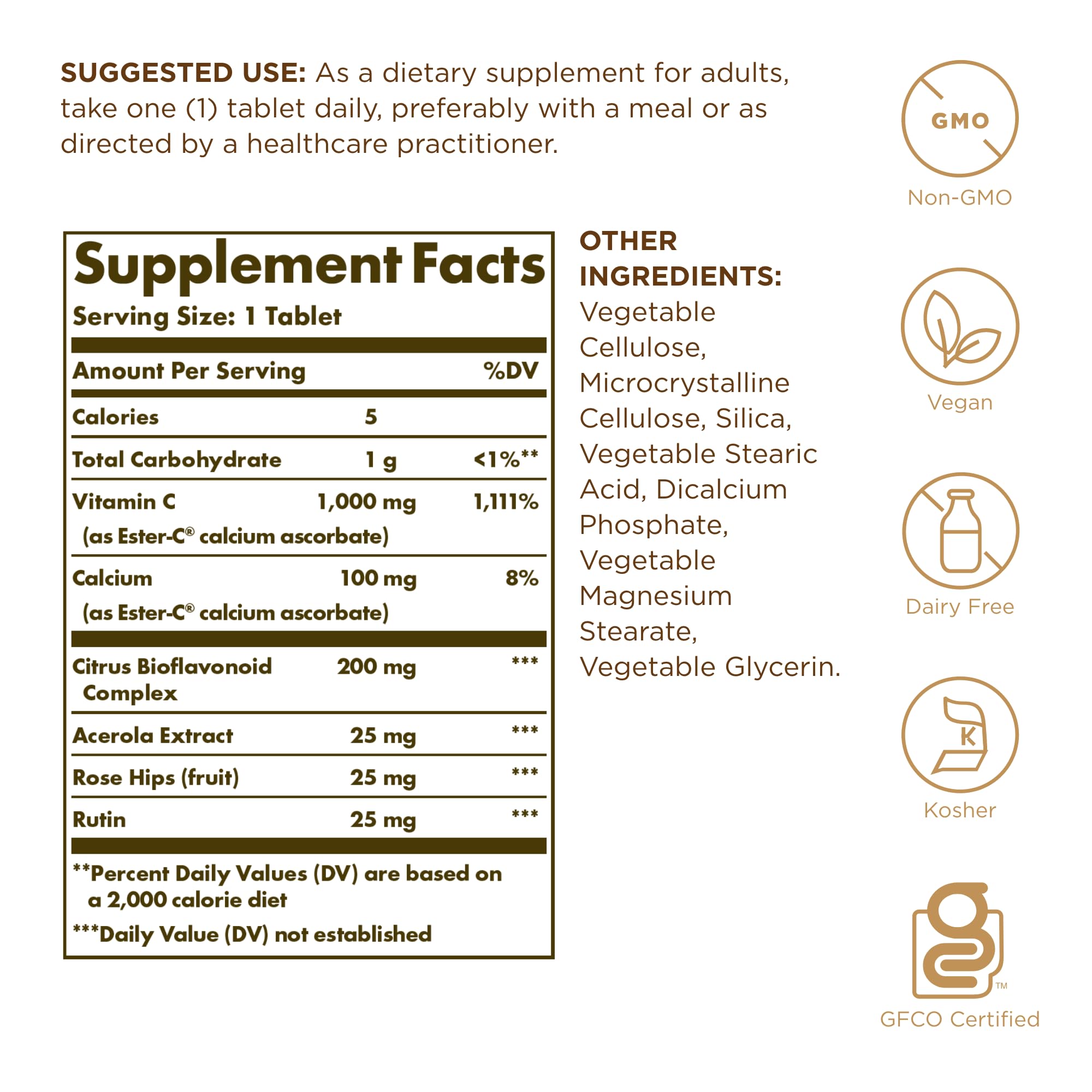 Solgar Ester-C Plus 1000 mg tablets close-up highlighting non-acidic, stomach-friendly C.