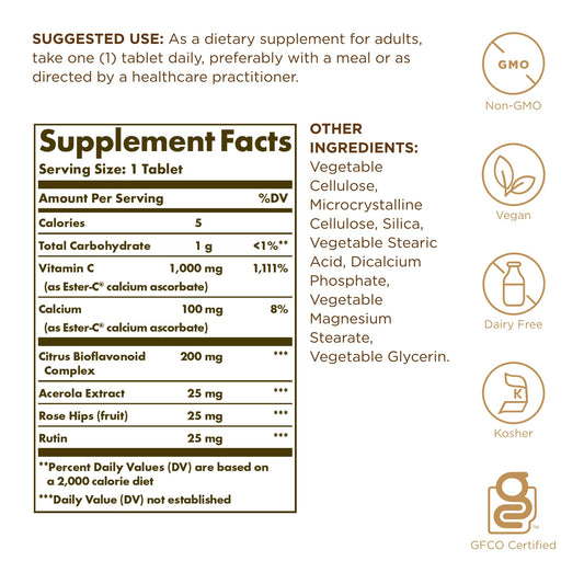 Solgar Ester-C Plus 1000 mg tablets close-up highlighting non-acidic, stomach-friendly C.