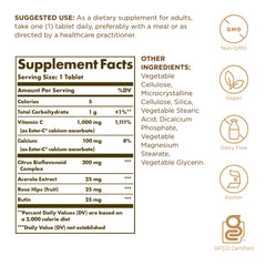 Solgar Ester-C Plus 1000 mg tablets close-up highlighting non-acidic, stomach-friendly C.