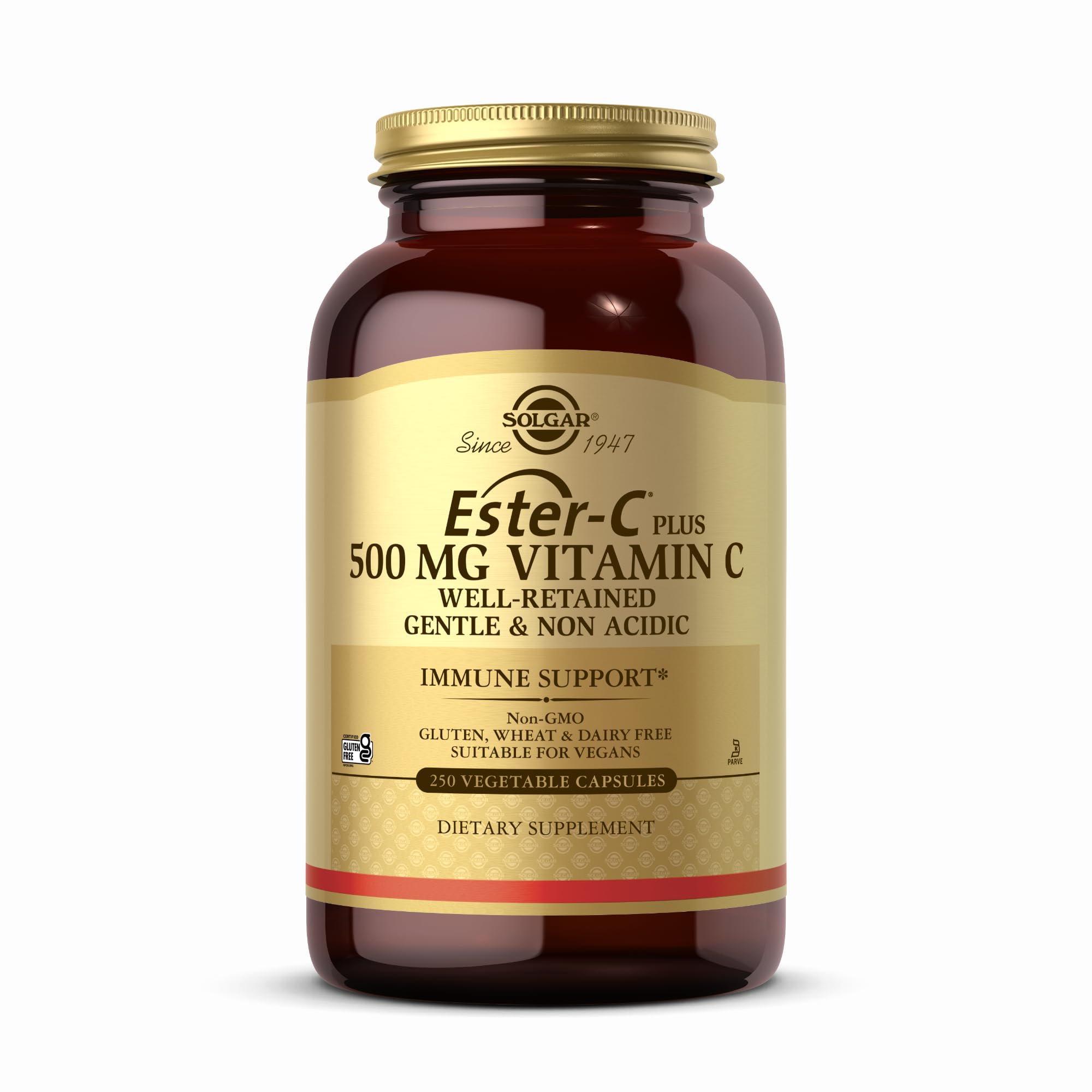 Solgar Ester-C Plus 500 mg bottle front view, non acidic vitamin C packaging
