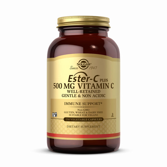 Solgar Ester-C Plus 500 mg bottle front view, non acidic vitamin C packaging