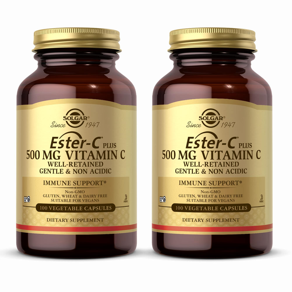 Solgar Ester-C Plus 500 mg bottle shows vegan, non-GMO vitamin C with a gentle formula.
