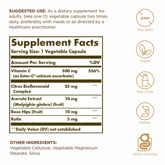 Solgar Ester-C Plus capsules close-up highlighting easy-to-digest, highly absorbable vitamin C.