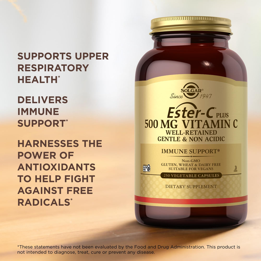 Solgar Ester-C Plus 500 mg packaging shows kosher status and quality