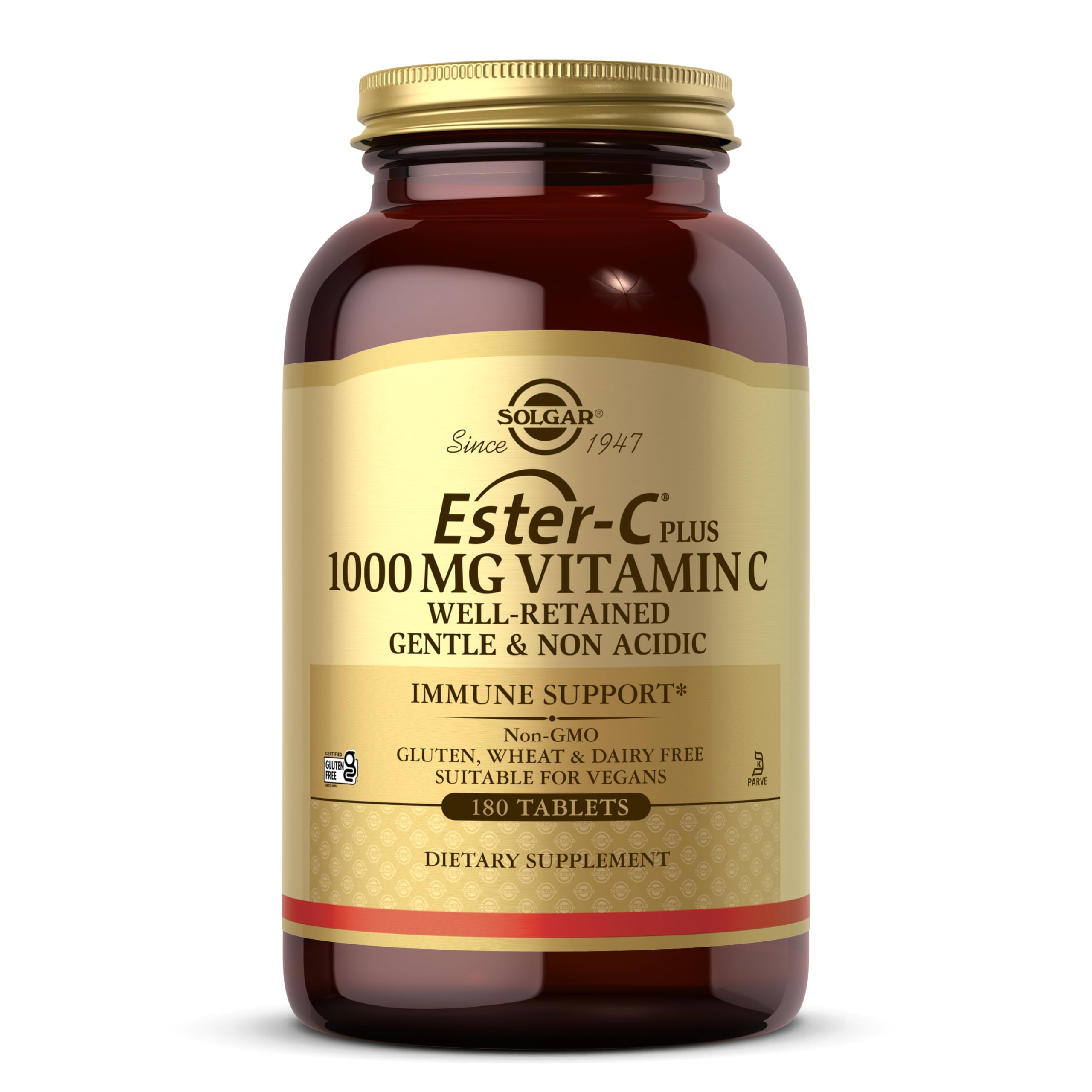 Solgar Ester-C Plus bottle and pour illustrating gentle, non-acidic Vitamin C for daily use.