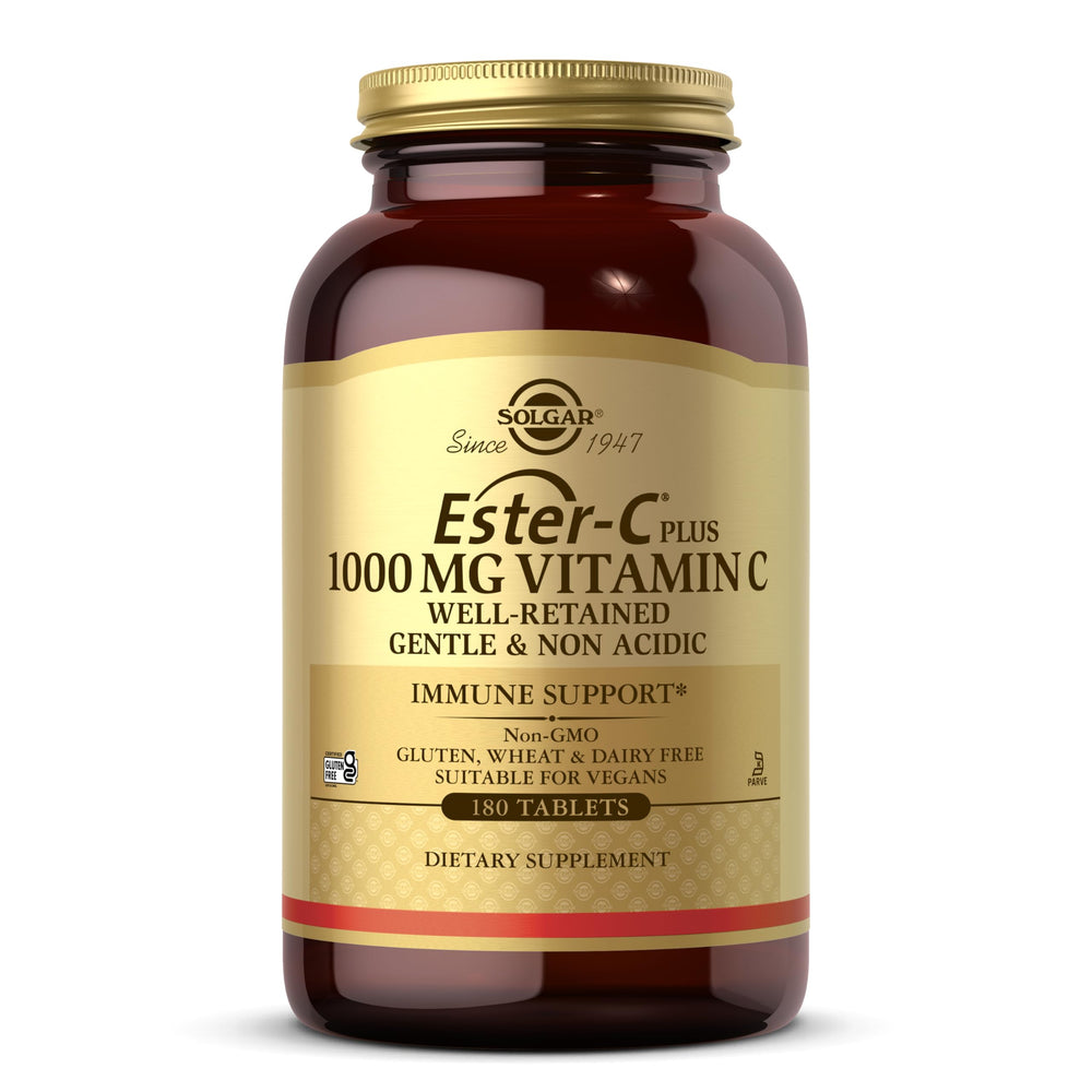 Solgar Ester-C Plus bottle and pour illustrating gentle, non-acidic Vitamin C for daily use.