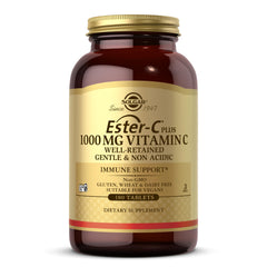 Solgar Ester-C Plus bottle and pour illustrating gentle, non-acidic Vitamin C for daily use.