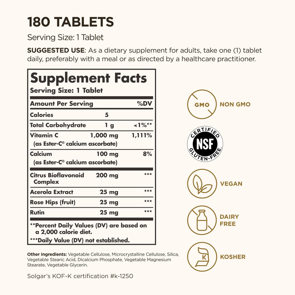 Close-up of Solgar Ester-C Plus tablets highlighting easy swallowing and high absorbability.
