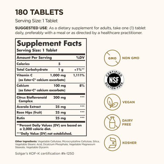 Close-up of Solgar Ester-C Plus tablets highlighting easy swallowing and high absorbability.