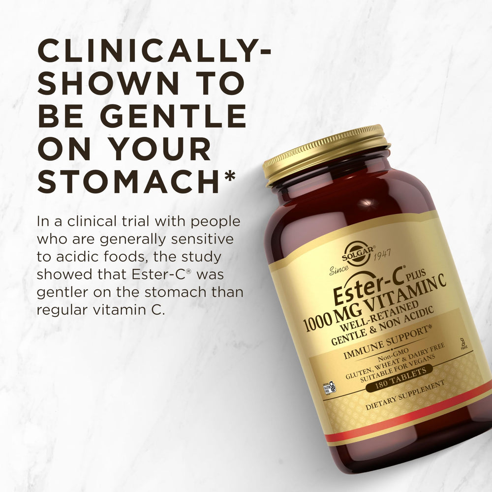 Vegetarian-friendly Solgar Ester-C Plus label for plant-based consumers.